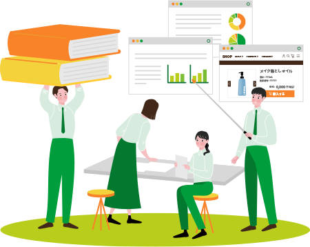 通販事業者たちが問題解決を計るイラスト